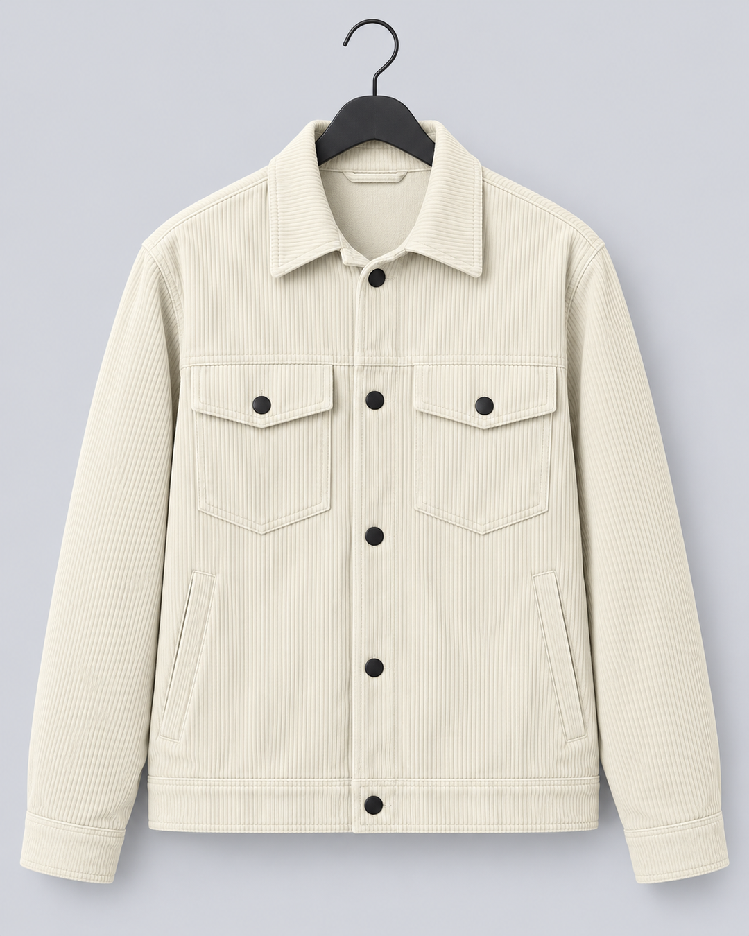 Men's off-white corduroy overshirt jacket with a button front and chest pockets