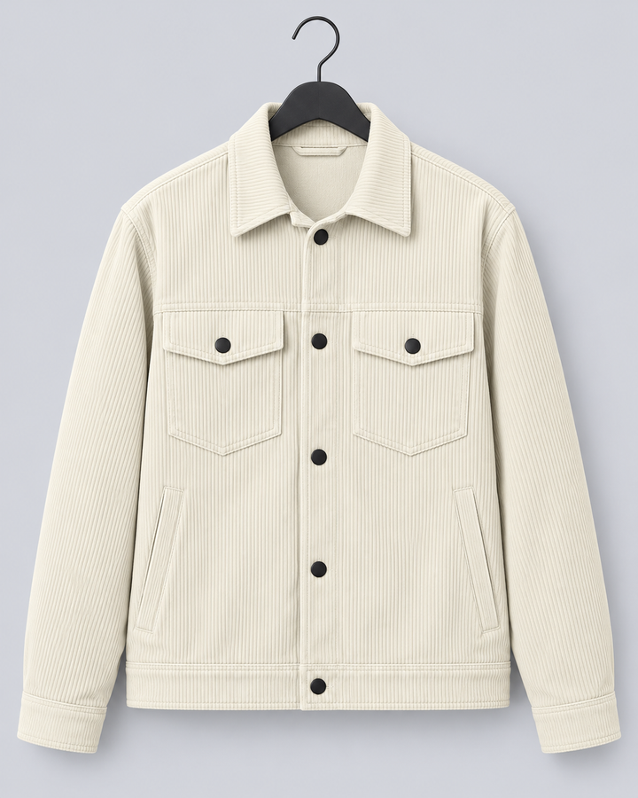 Men's off-white corduroy overshirt jacket with a button front and chest pockets