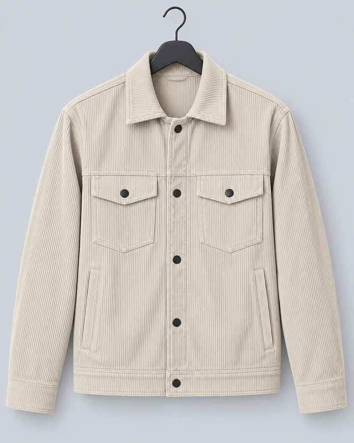 Men's khaki corduroy overshirt jacket with a button front and chest pockets