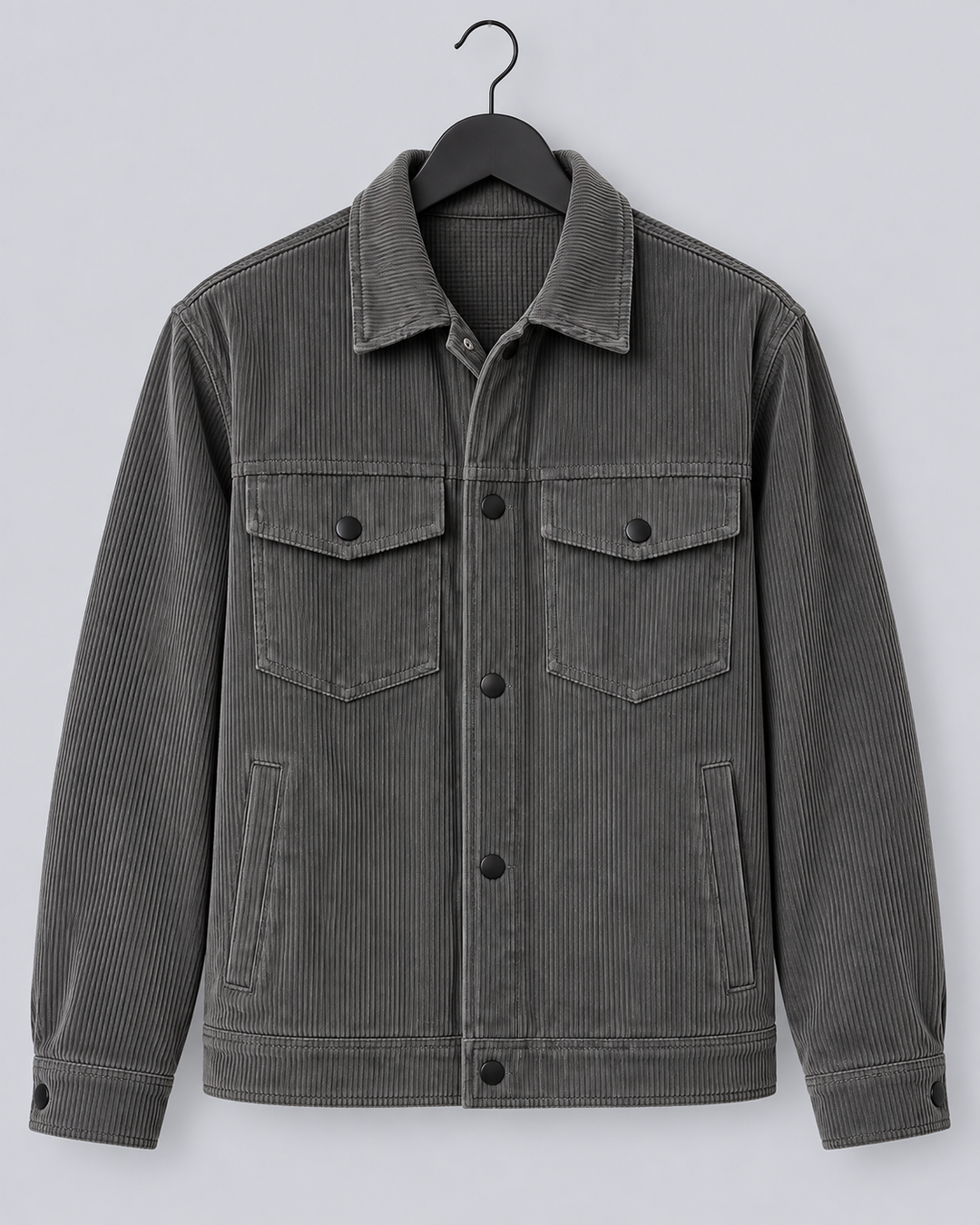 Men's grey corduroy overshirt jacket with a button front and chest pockets