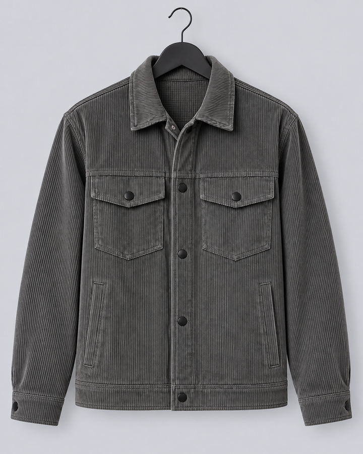 Men's grey corduroy overshirt jacket with a button front and chest pockets
