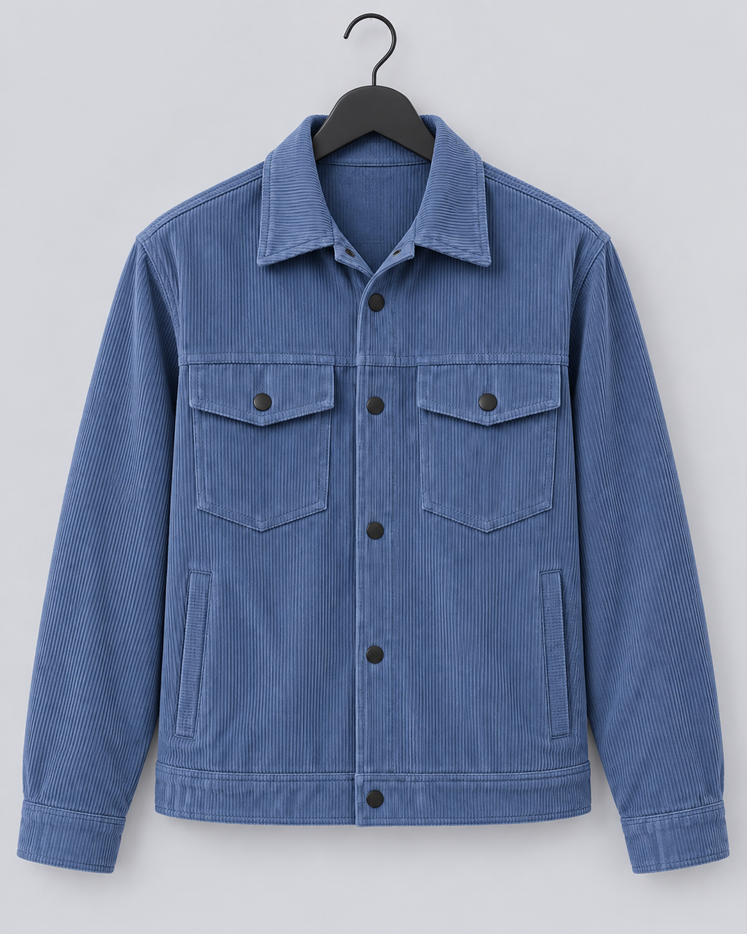 Men's blue corduroy overshirt jacket with a button front and chest pockets