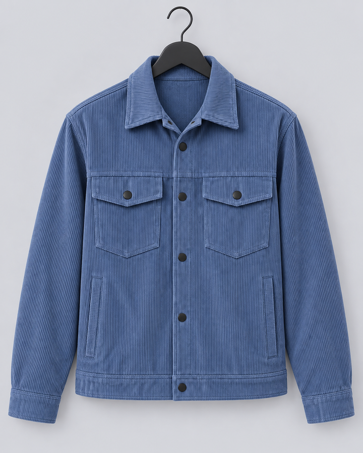 Men's blue corduroy overshirt jacket with a button front and chest pockets