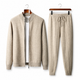 Men's beige fine knit tracksuit set with a zip jacket and drawstring trousers