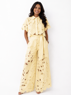 Women's floral lace co-ord set with collared top and wide-leg trousers