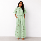 Women's floral lace co-ord set with collared top and wide-leg trousers