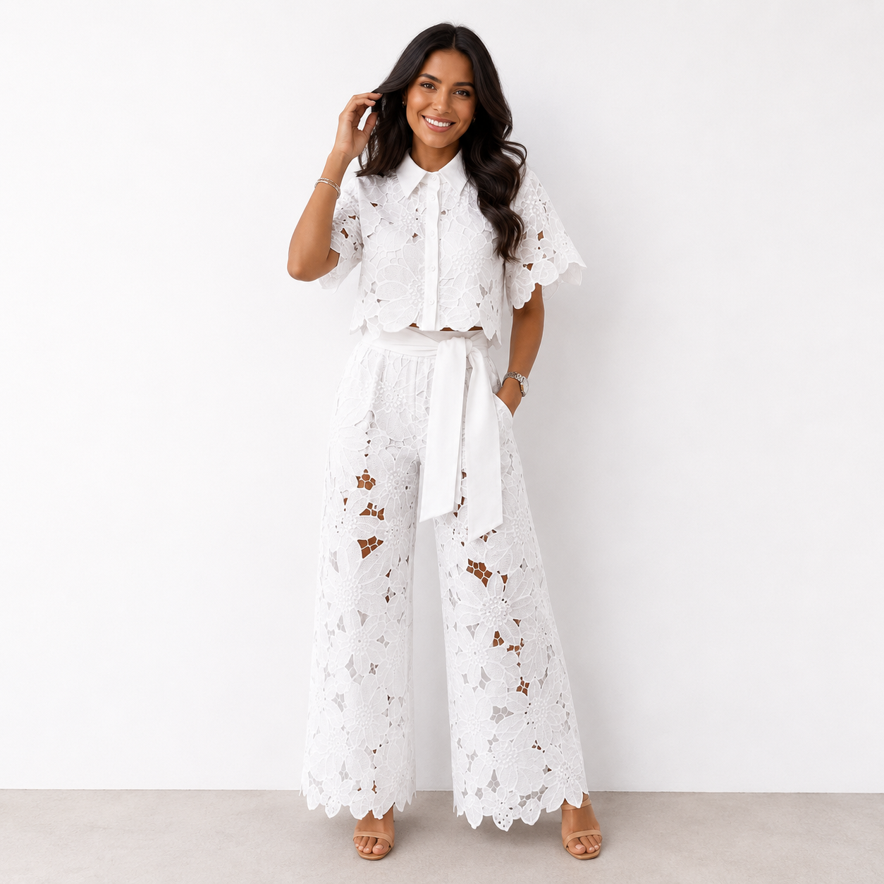 Women's floral lace co-ord set with collared top and wide-leg trousers
