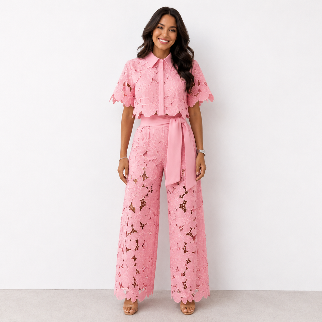 Women's floral lace co-ord set with collared top and wide-leg trousers