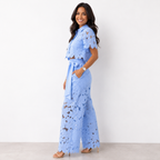 Women's floral lace co-ord set with collared top and wide-leg trousers