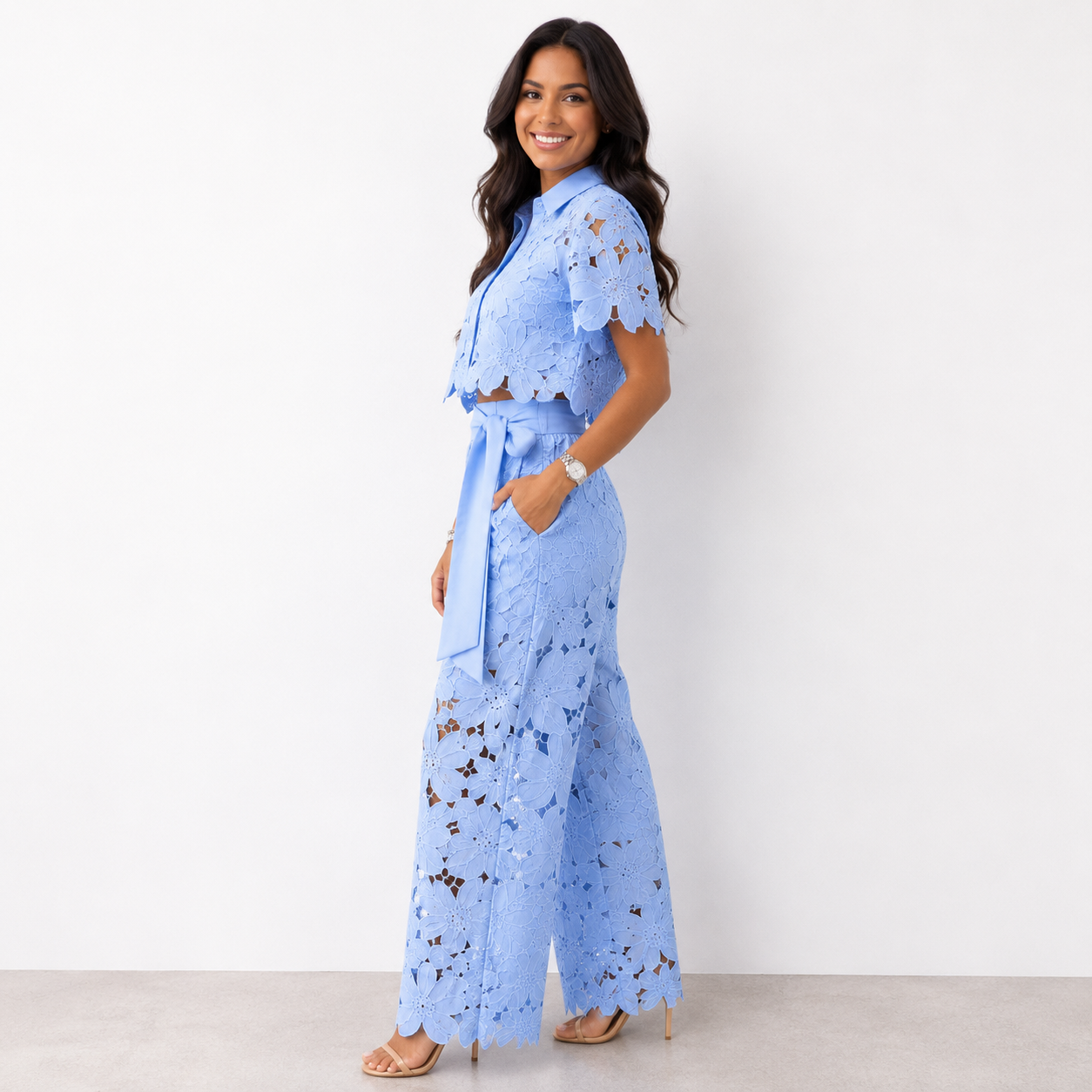 Women's floral lace co-ord set with collared top and wide-leg trousers