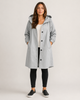 Women's hooded mid-length rain coat with button front and side pockets