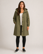 Women's hooded mid-length rain coat with button front and side pockets