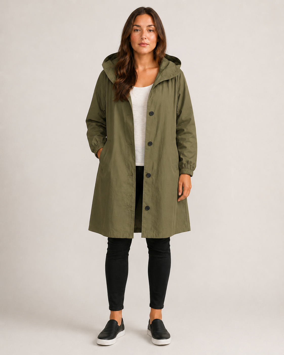 Women's hooded mid-length rain coat with button front and side pockets