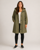 Women's hooded mid-length rain coat with button front and side pockets