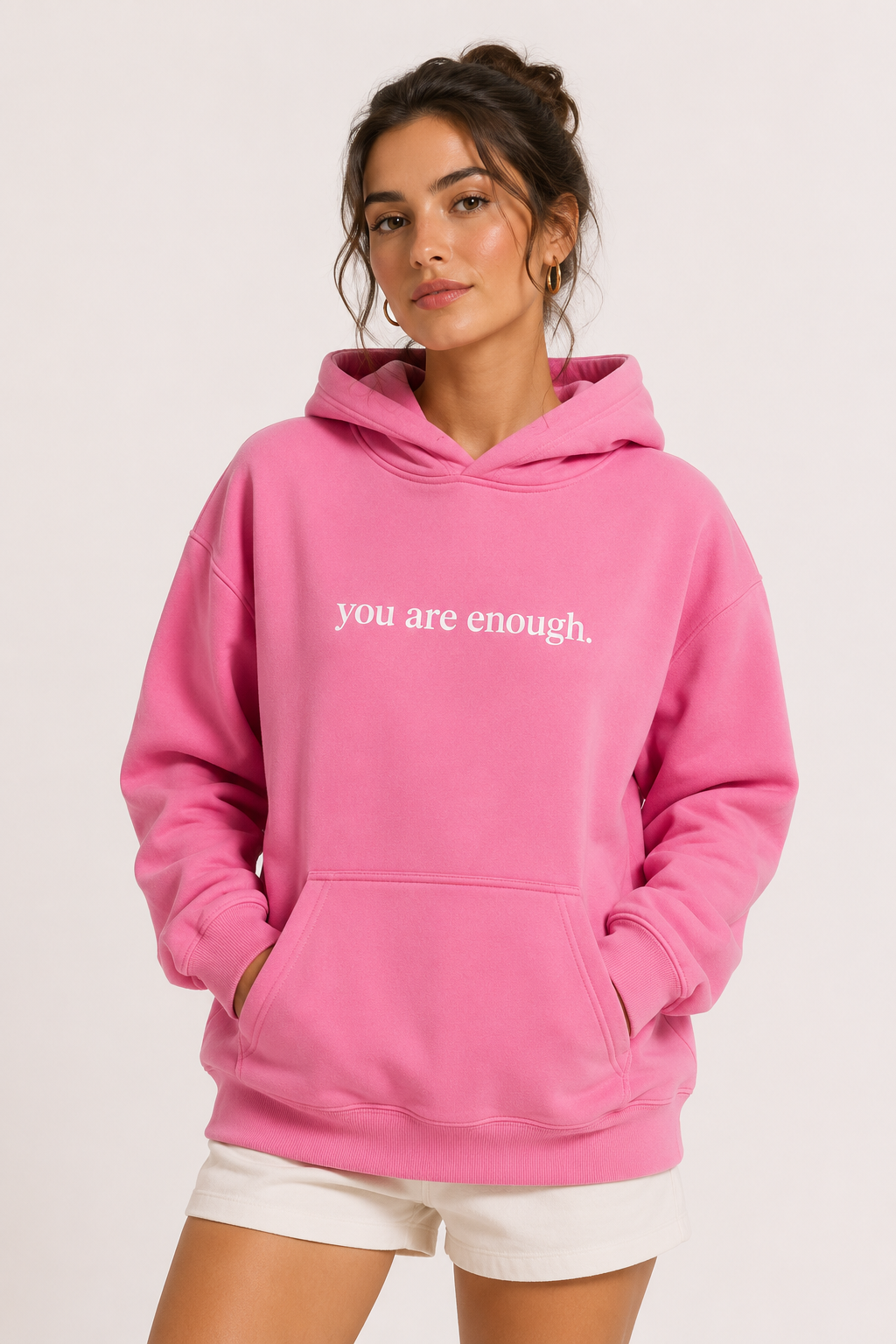 Women's hooded sweatshirt with front text print and kangaroo pocket