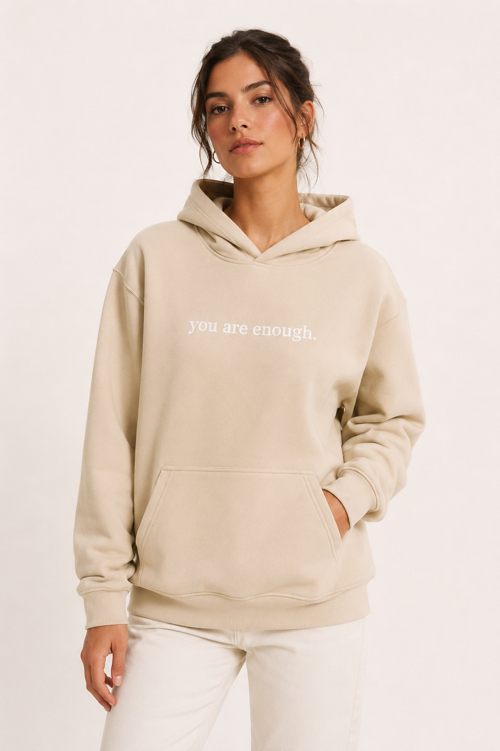 Women's hooded sweatshirt with front text print and kangaroo pocket