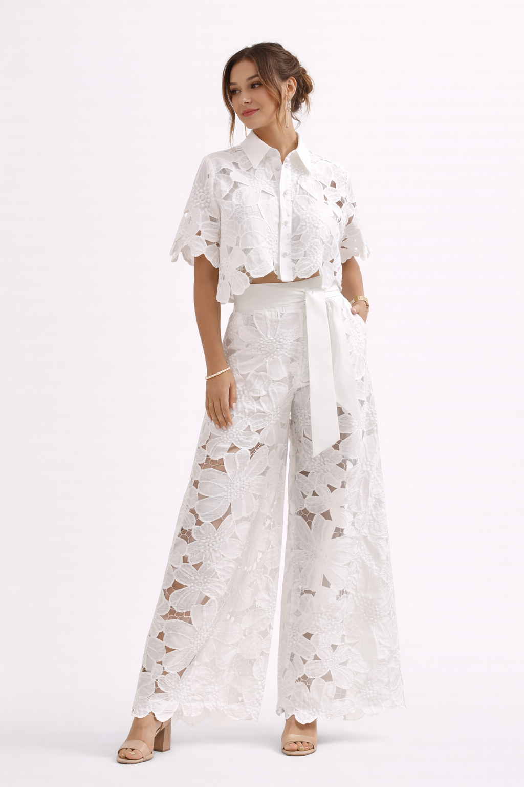 Women's floral lace co ord set with cropped collared blouse and wide leg trousers