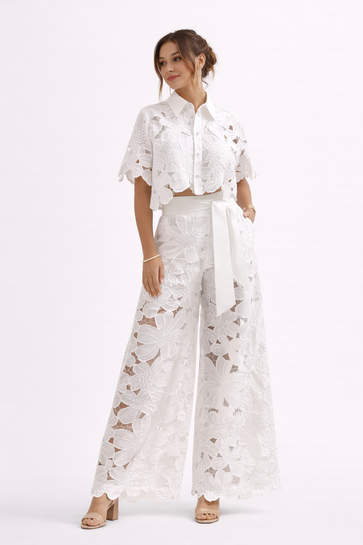 Women's floral lace co ord set with cropped collared blouse and wide leg trousers