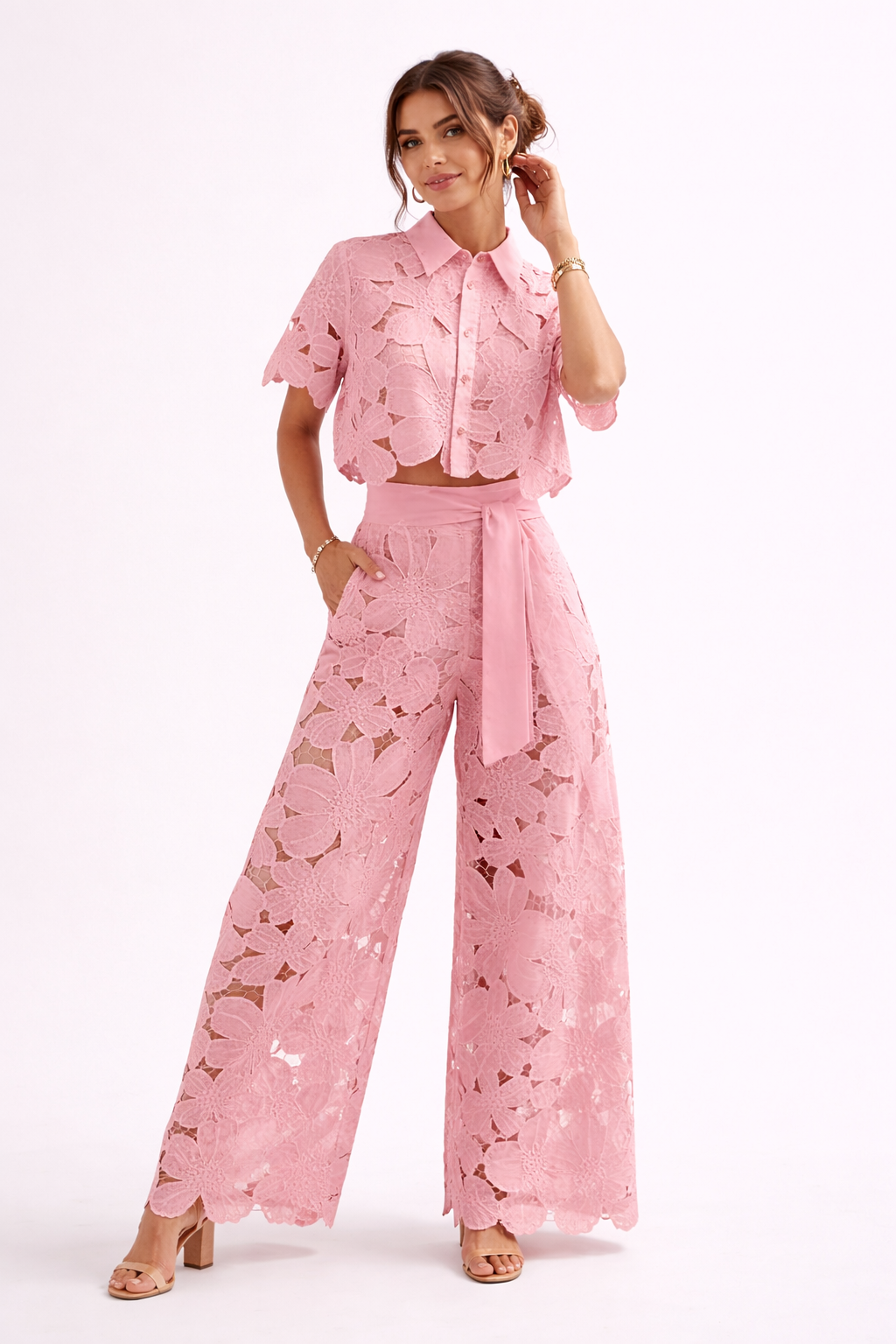 Women's floral lace co ord set with cropped collared blouse and wide leg trousers