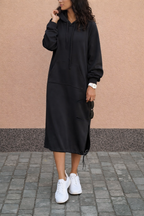 Women's long hooded sweatshirt midi dress with kangaroo pocket and side drawcord hems