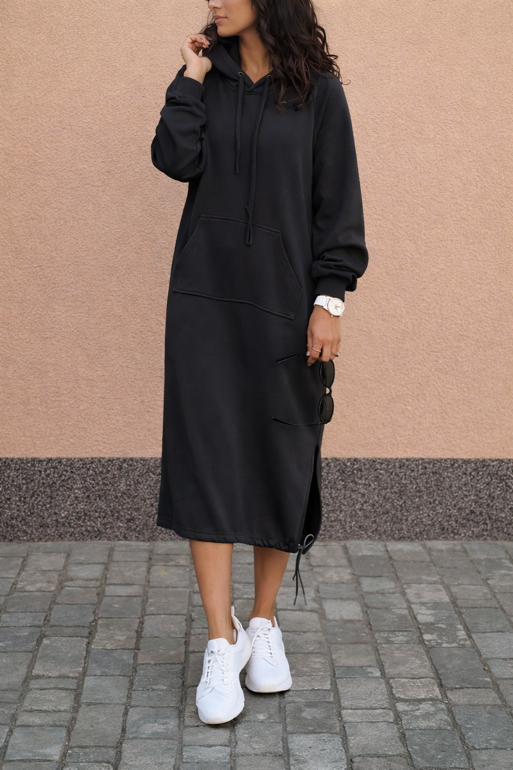 Women's long hooded sweatshirt midi dress with kangaroo pocket and side drawcord hems