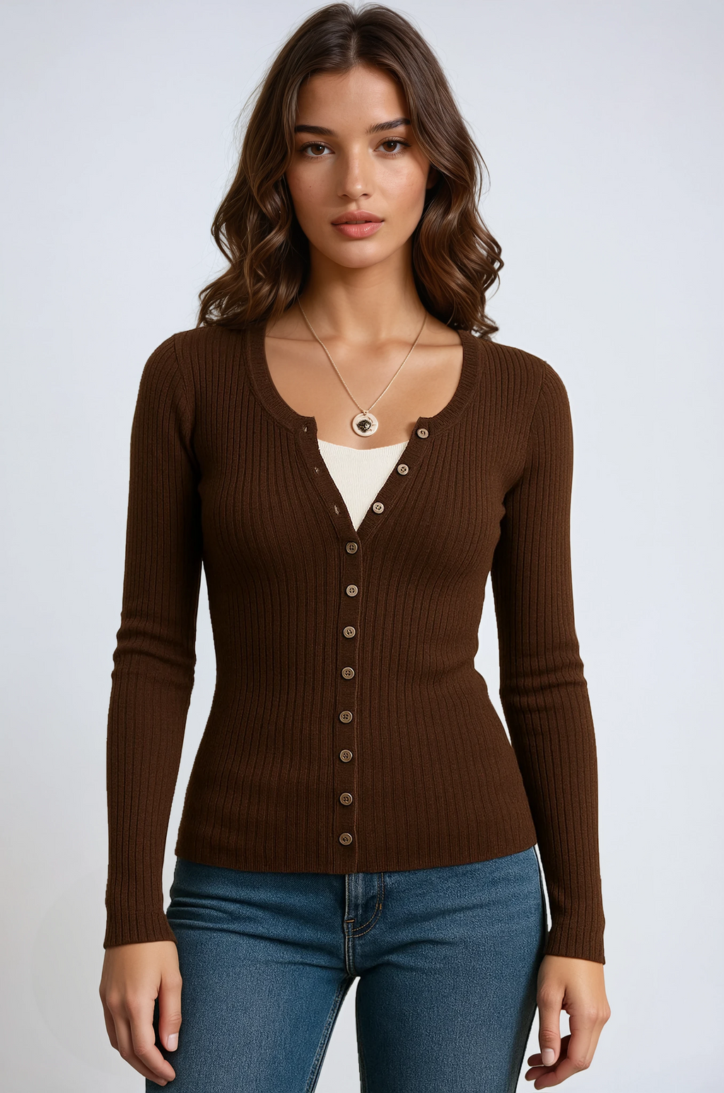Women's slim fit ribbed knit top with long sleeves and button placket