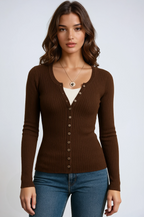 Women's slim fit ribbed knit top with long sleeves and button placket