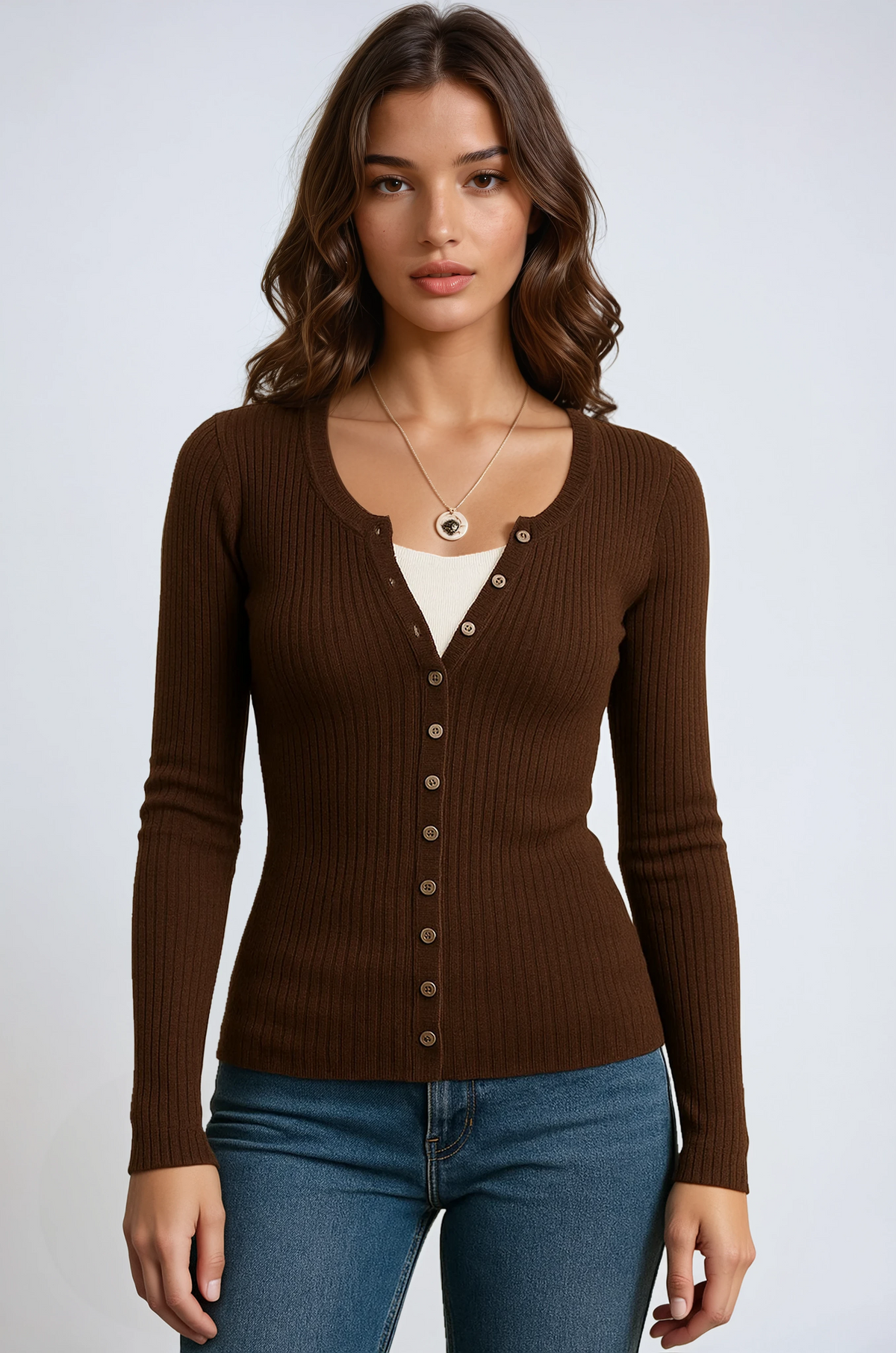 Women's slim fit ribbed knit top with long sleeves and button placket
