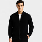 Men's ribbed zip-front cardigan with mock neck and long sleeves