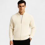 Men's ribbed zip-front cardigan with mock neck and long sleeves