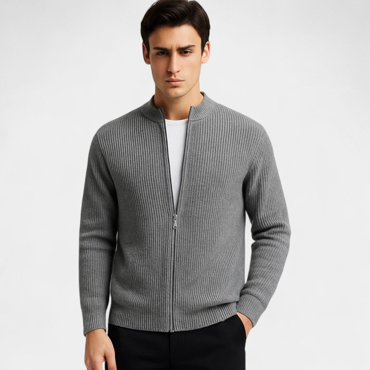 Men's ribbed zip-front cardigan with mock neck and long sleeves