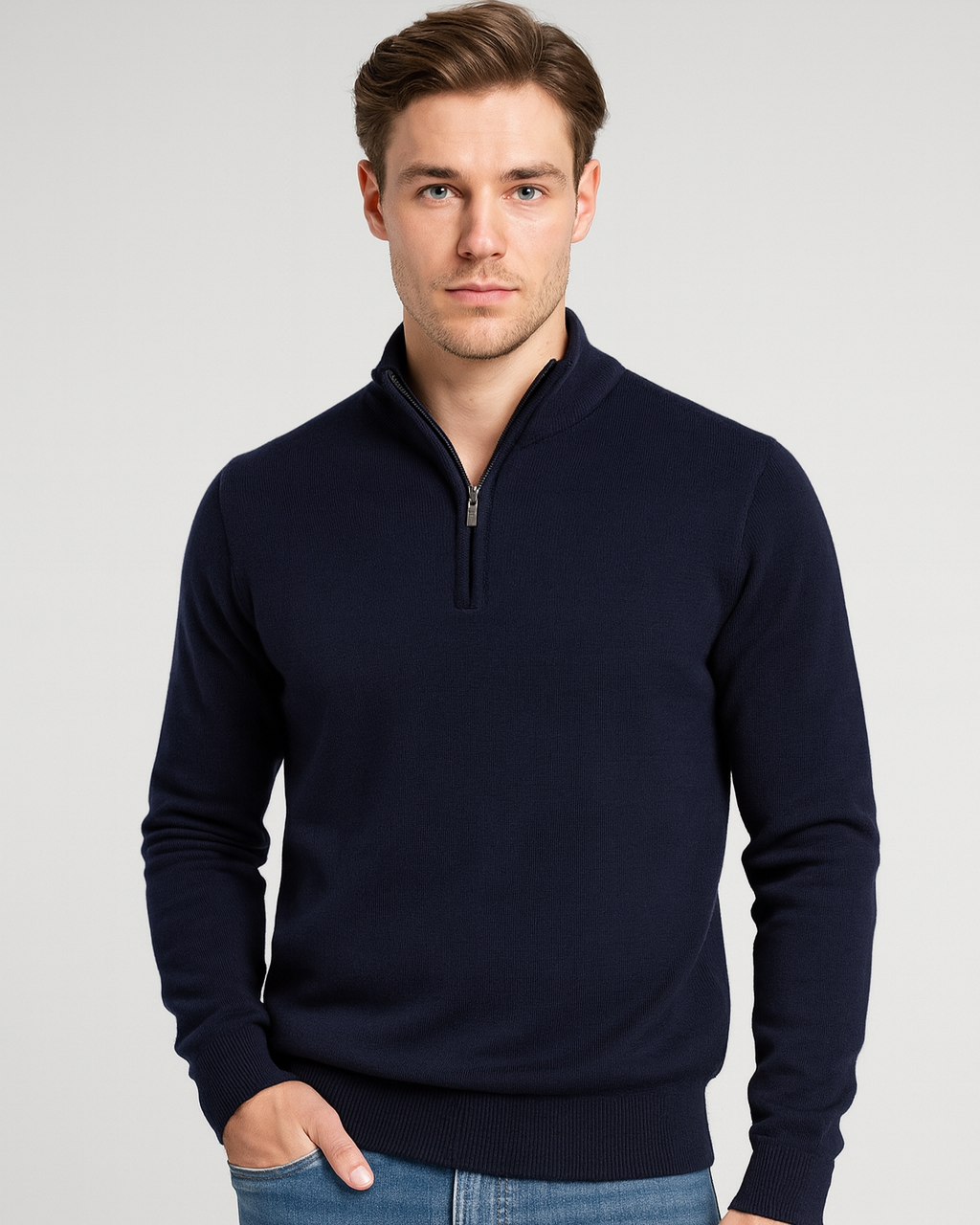 Men's long-sleeve quarter-zip jumper with ribbed mock neck and cuffs