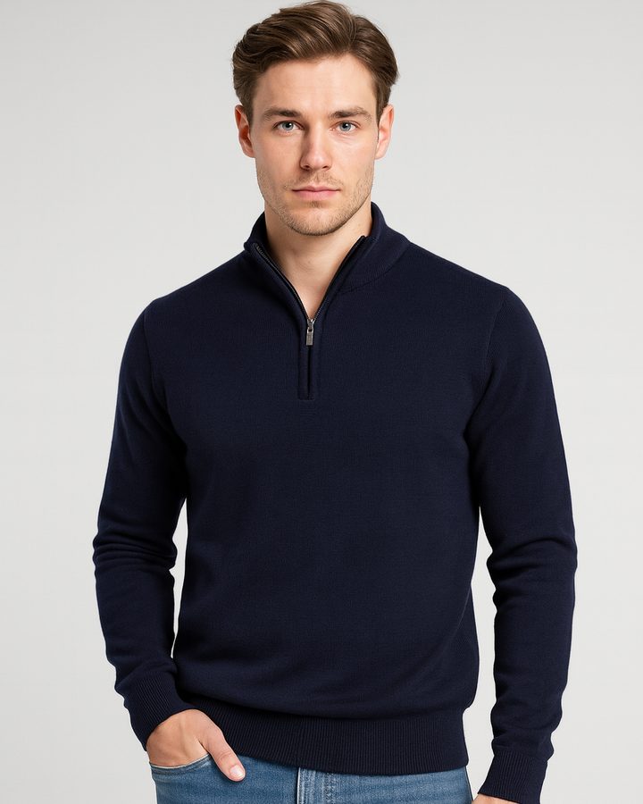 Men's long-sleeve quarter-zip jumper with ribbed mock neck and cuffs