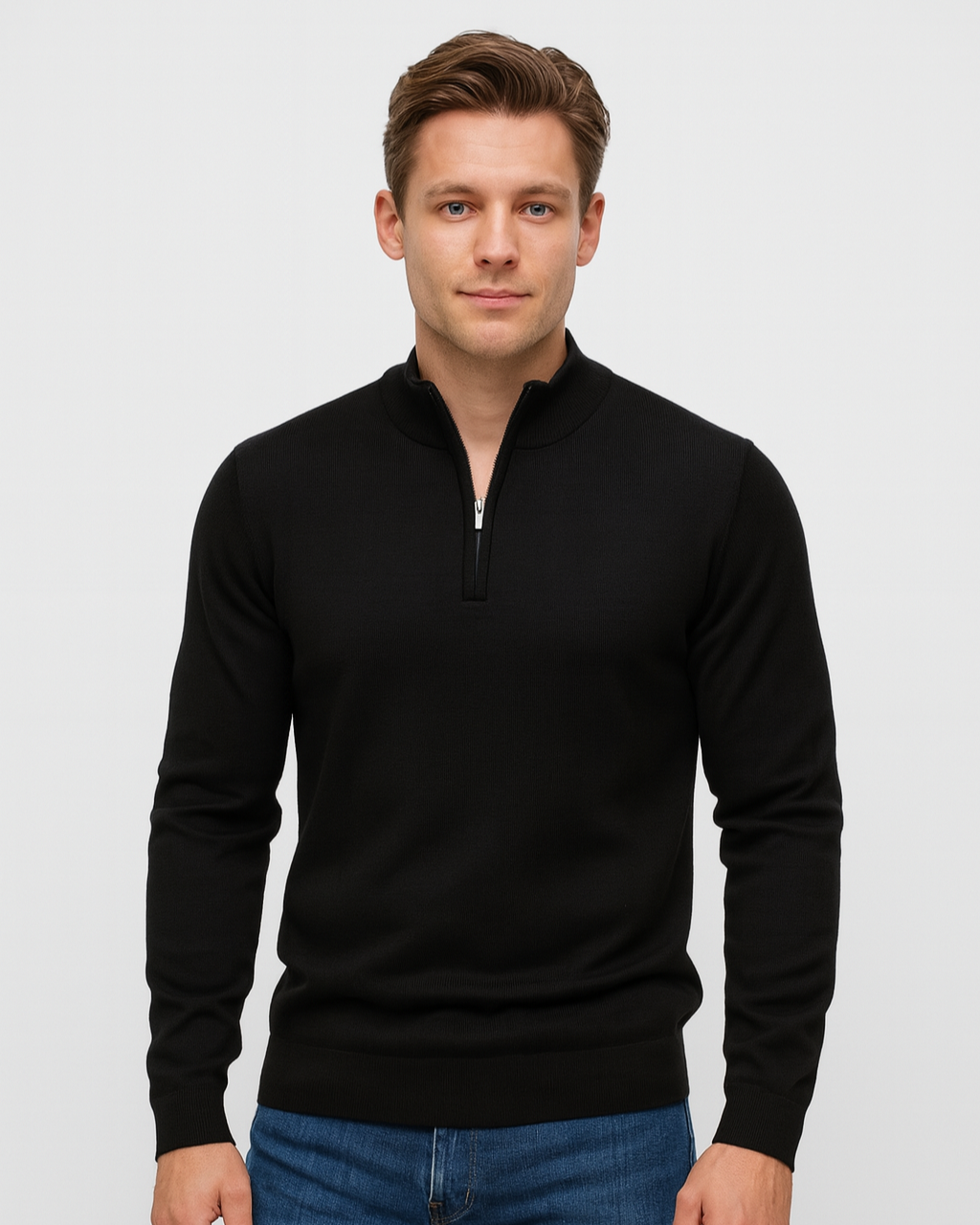Men's long-sleeve quarter-zip jumper with ribbed mock neck and cuffs