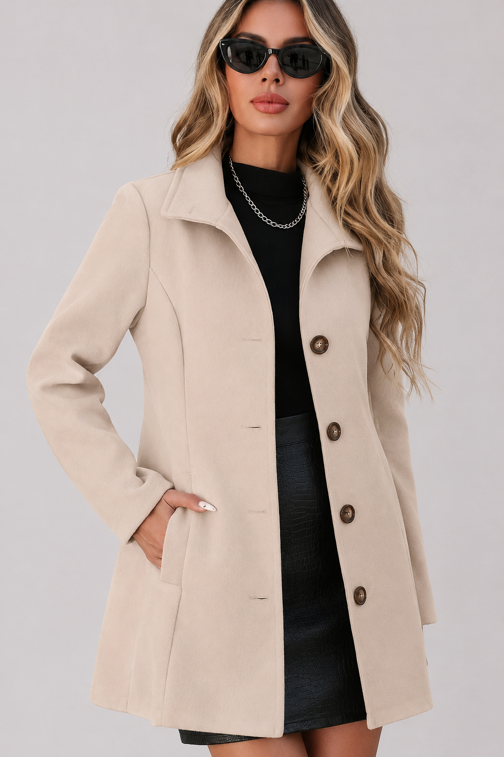 Women's button front trench coat with long sleeves and structured shaping