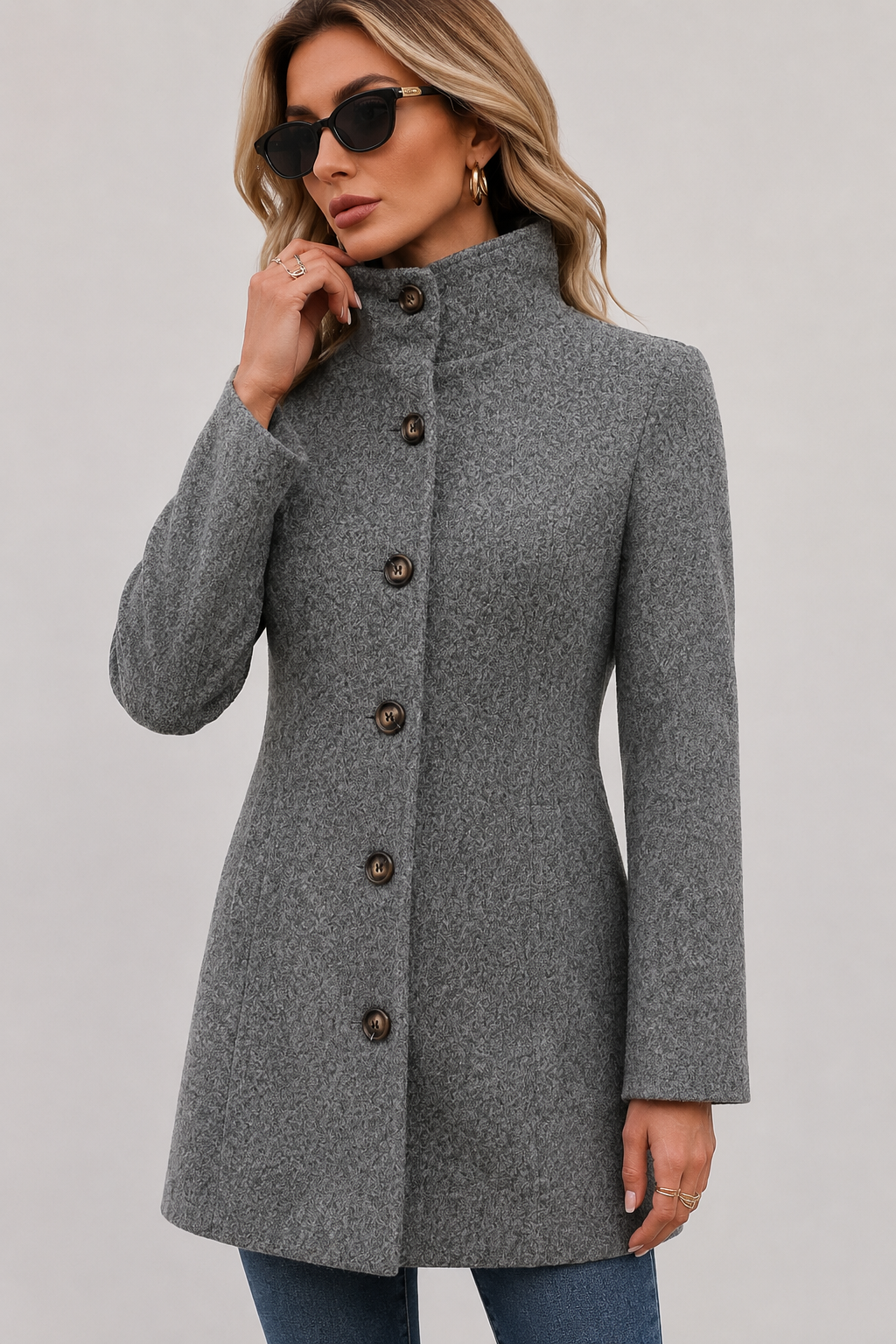 Women's button front trench coat with long sleeves and structured shaping