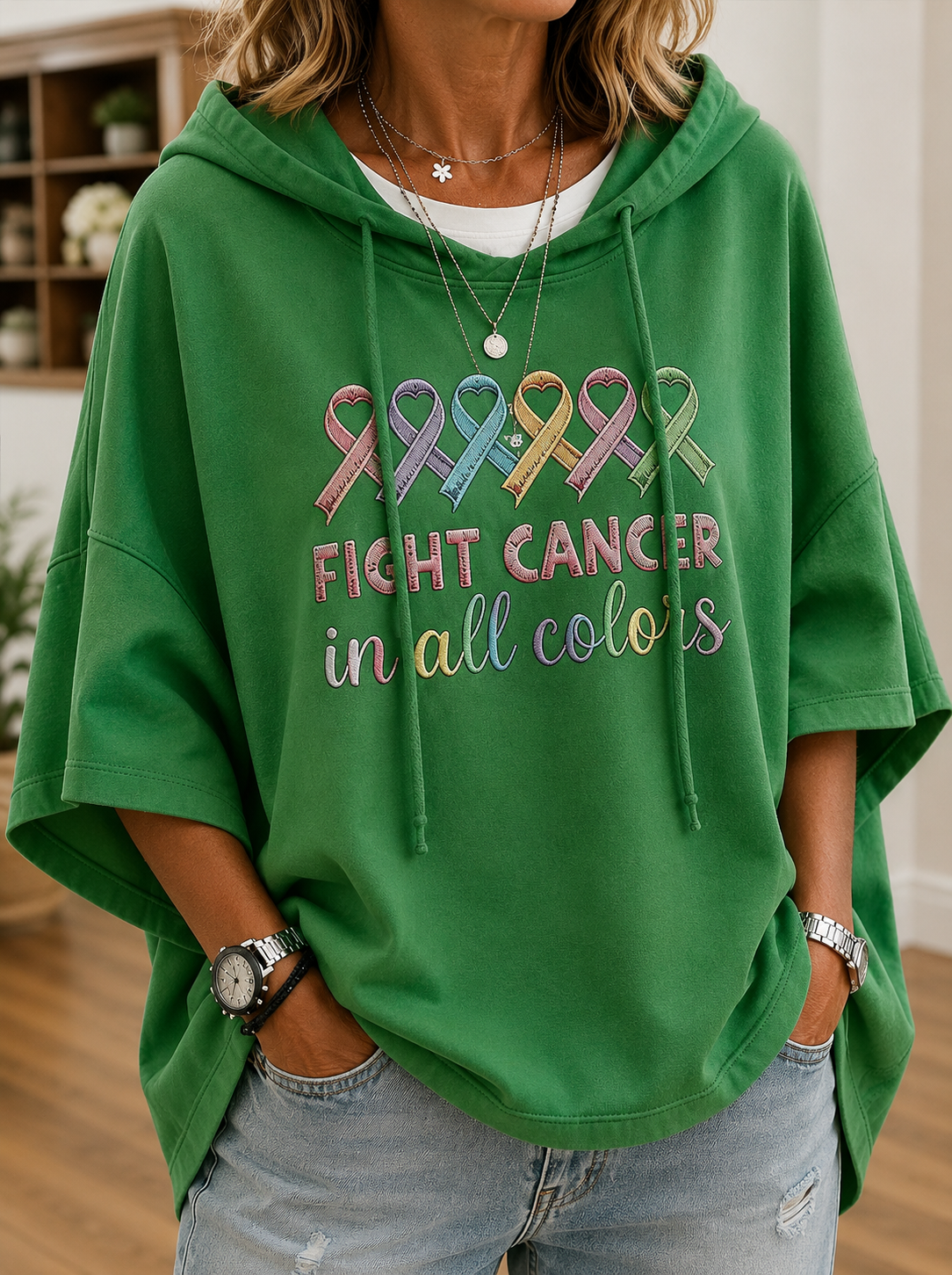 Women's short-sleeve hooded top with colourful awareness ribbon graphic