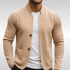 Men's textured knit blazer with Mandarin collar, buttons and patch pockets