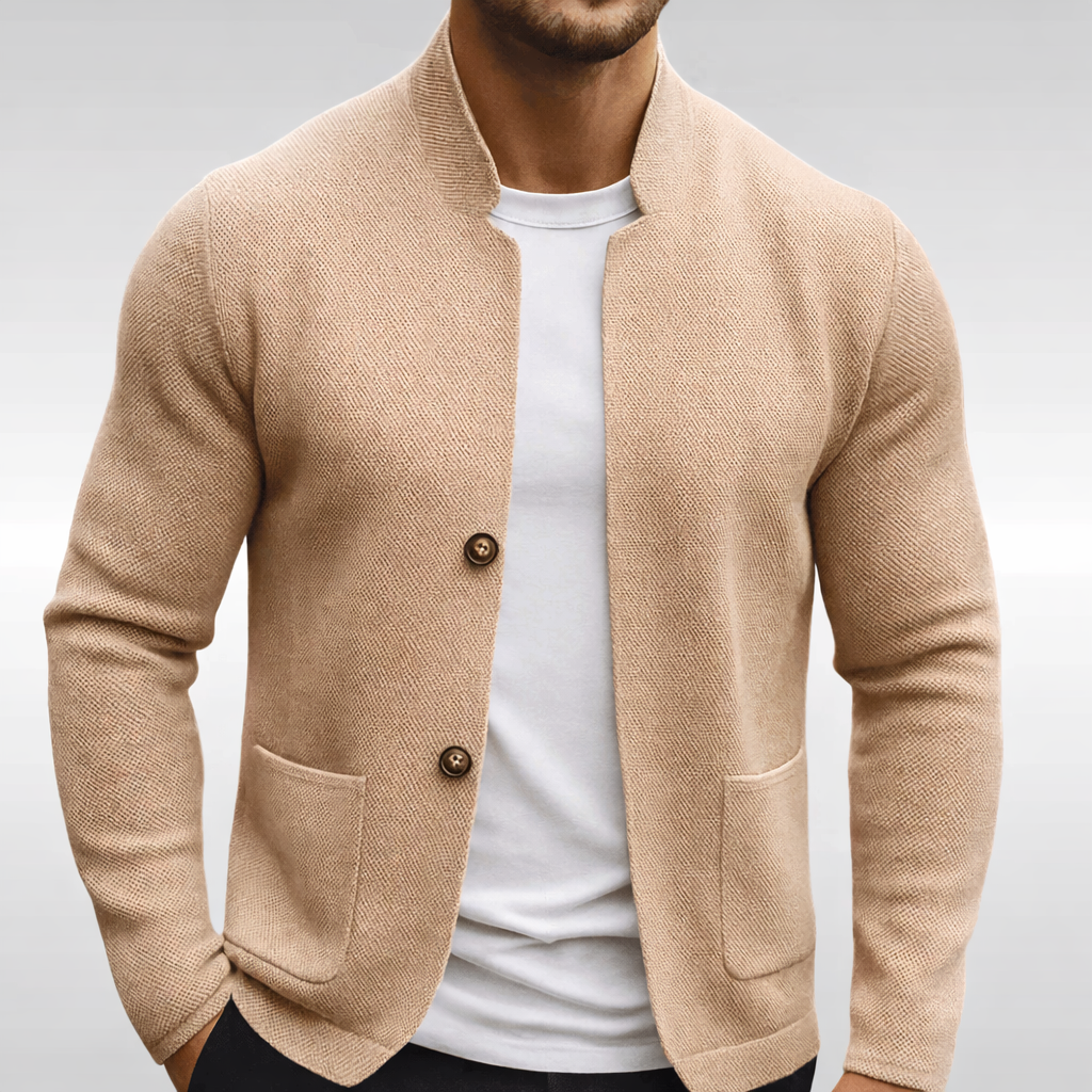 Men's textured knit blazer with Mandarin collar, buttons and patch pockets