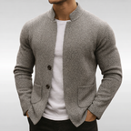 Men's textured knit blazer with Mandarin collar, buttons and patch pockets