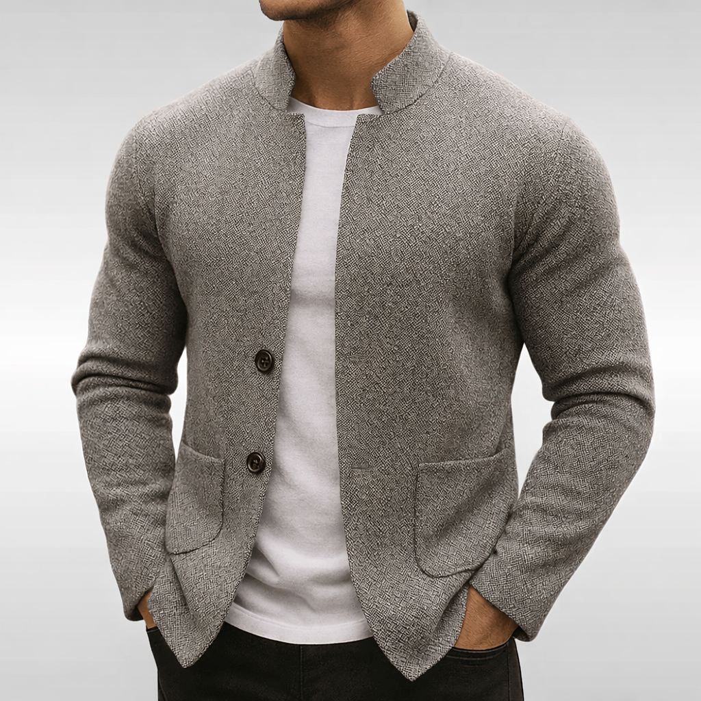 Men's textured knit blazer with Mandarin collar, buttons and patch pockets