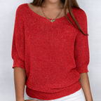 Women's open-knit sweater with wide neckline and three-quarter sleeves