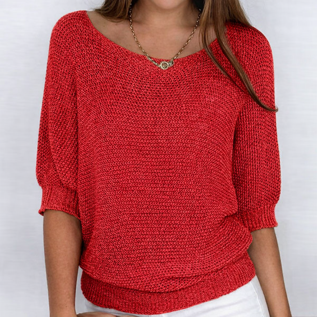 Women's open-knit sweater with wide neckline and three-quarter sleeves