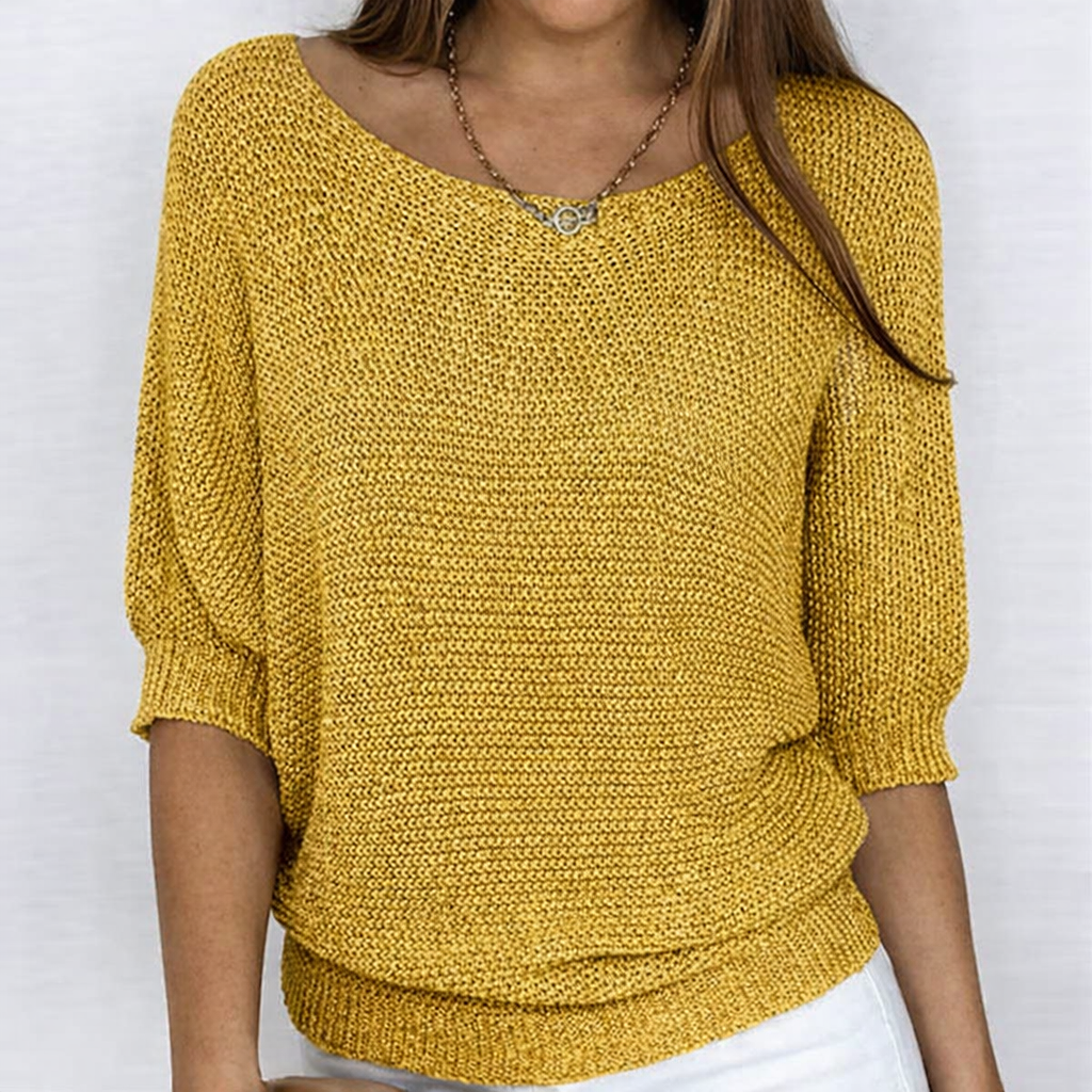 Women's open-knit sweater with wide neckline and three-quarter sleeves