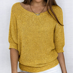 Women's open-knit sweater with wide neckline and three-quarter sleeves