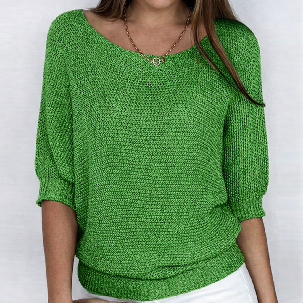 Women's open-knit sweater with wide neckline and three-quarter sleeves