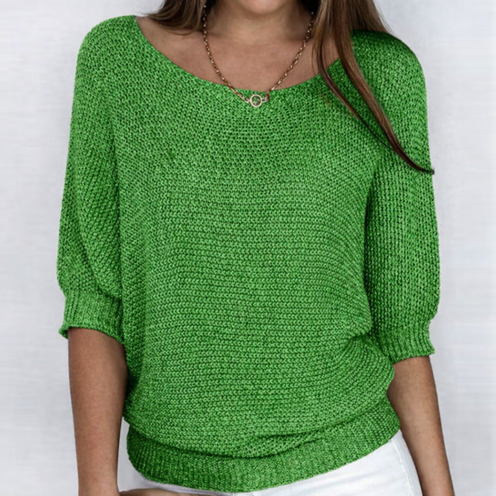 Women's open-knit sweater with wide neckline and three-quarter sleeves