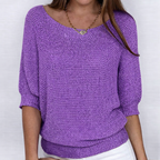 Women's open-knit sweater with wide neckline and three-quarter sleeves