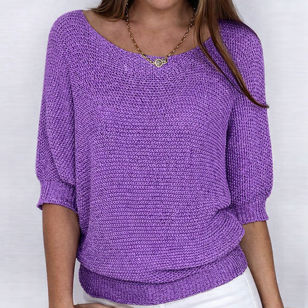 Women's open-knit sweater with wide neckline and three-quarter sleeves