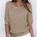 Women's open-knit sweater with wide neckline and three-quarter sleeves